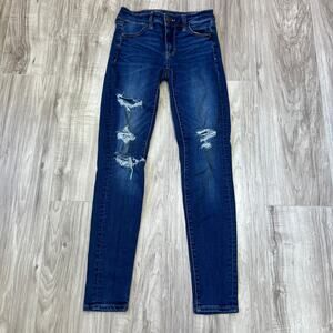 American Eagle Womens High Rise Distressed Blue Jeggings Sz 0 Next Level Stretch
